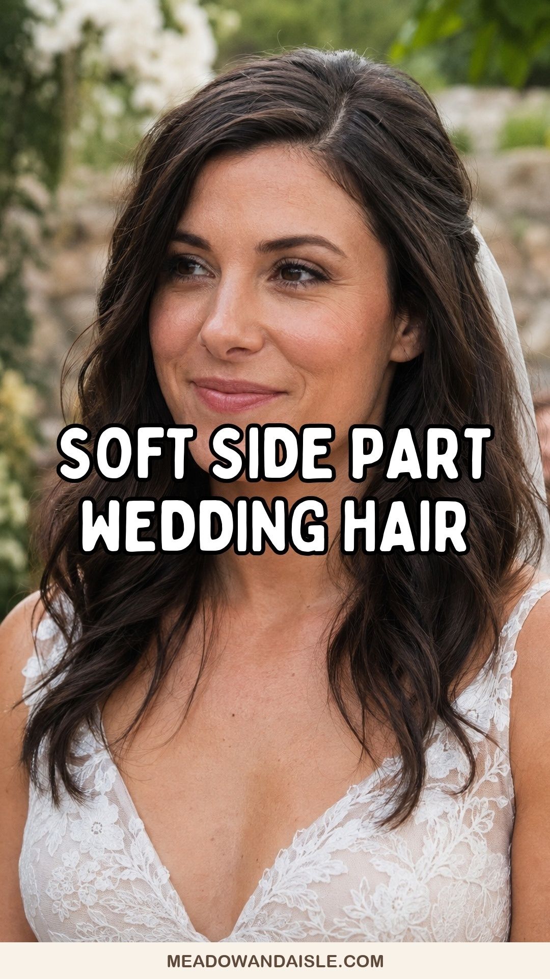 Soft side part bridal waves with wedding hair inspiration title