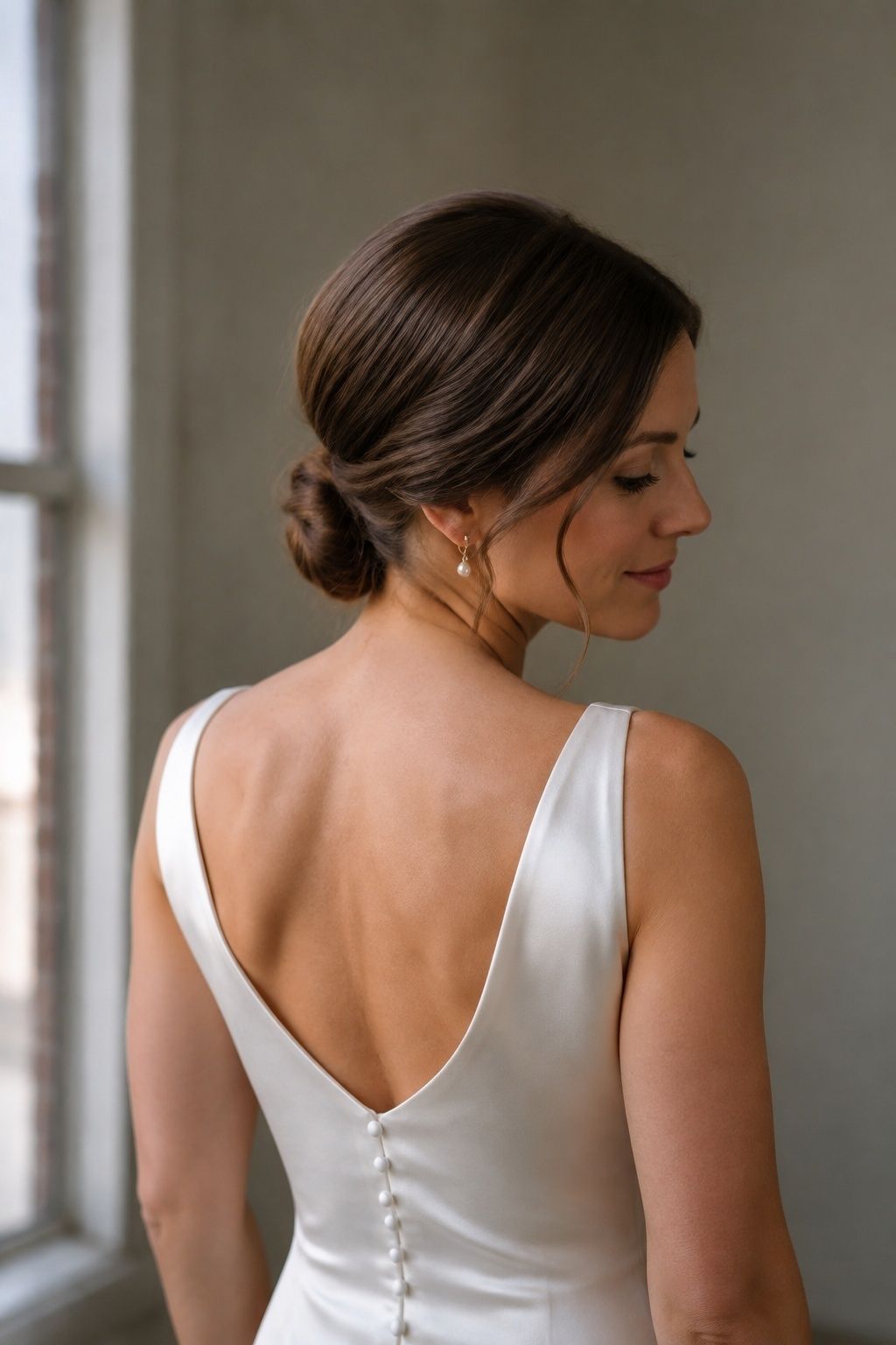 Side part low bun wedding hairstyle