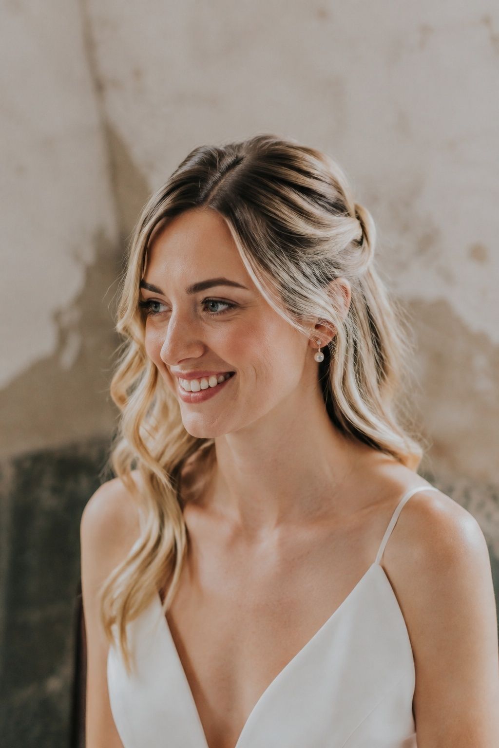 Half-up bridal hairstyle with a side part