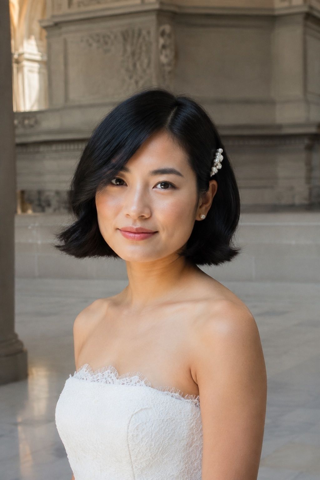 Bridal bob or lob with a side part and polished ends