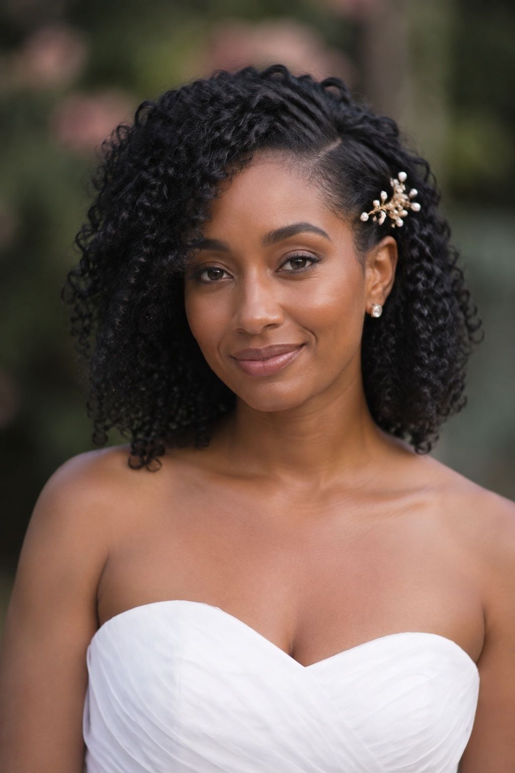 Curly side part with defined face-framing curls