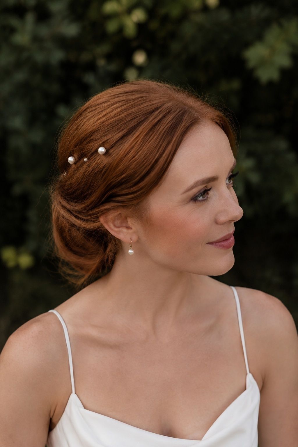 Pearl pins along the fuller side of the hair