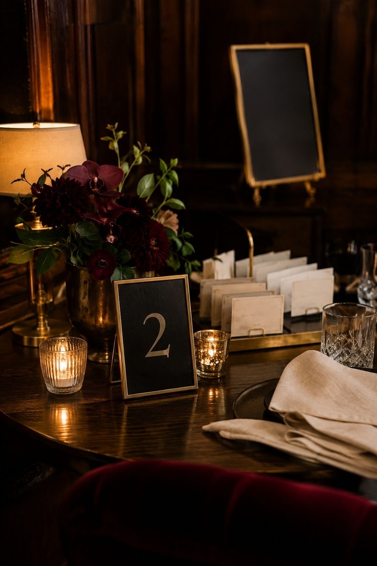 Brass frames holding table numbers and signs