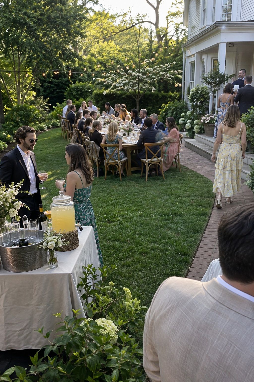 Small garden wedding reception with comfortable circulation around one long table