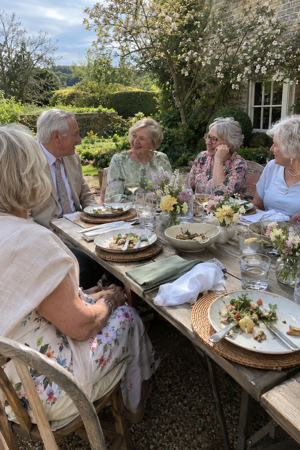 Wedding guests talking across low loose spring flowers at a garden lunch