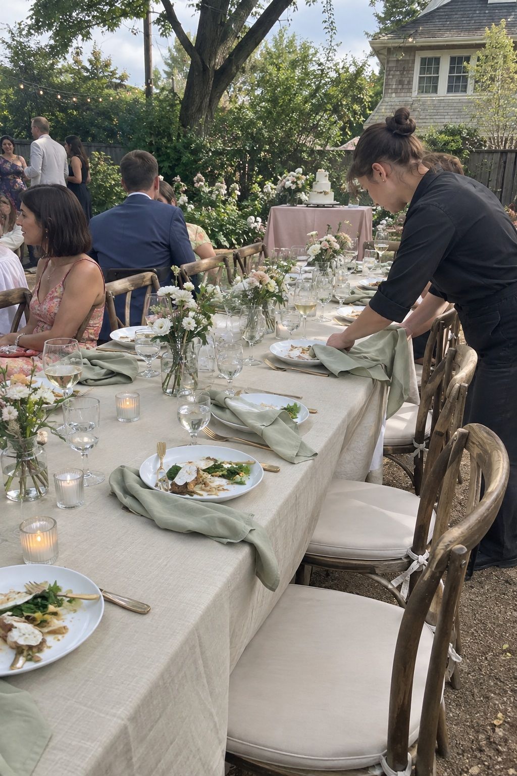 Washed oat table linen and pale sage napkins in natural spring daylight