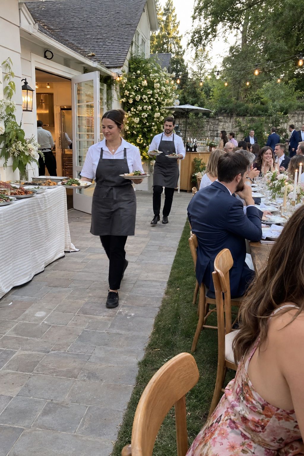 Servers using a clear paved route from the kitchen to an outdoor wedding table