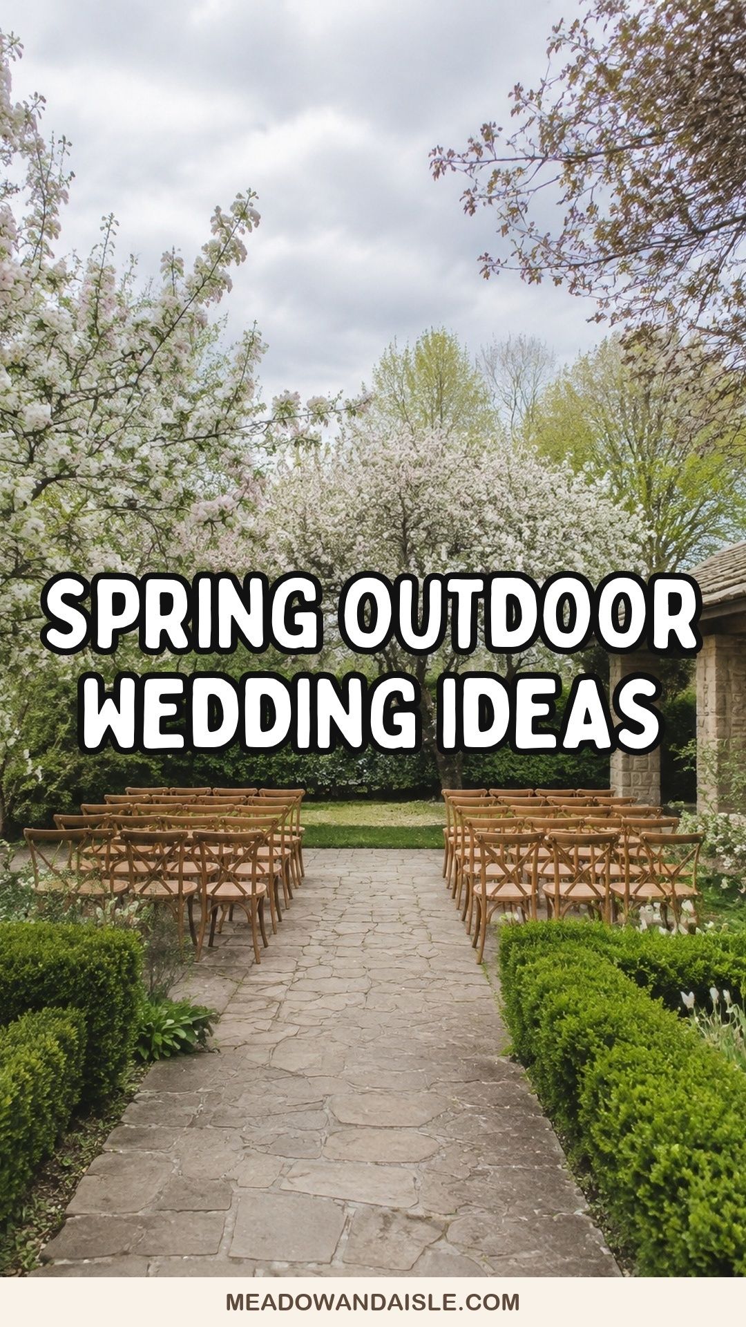 Spring outdoor wedding ideas pin with a flowering garden ceremony and bold title
