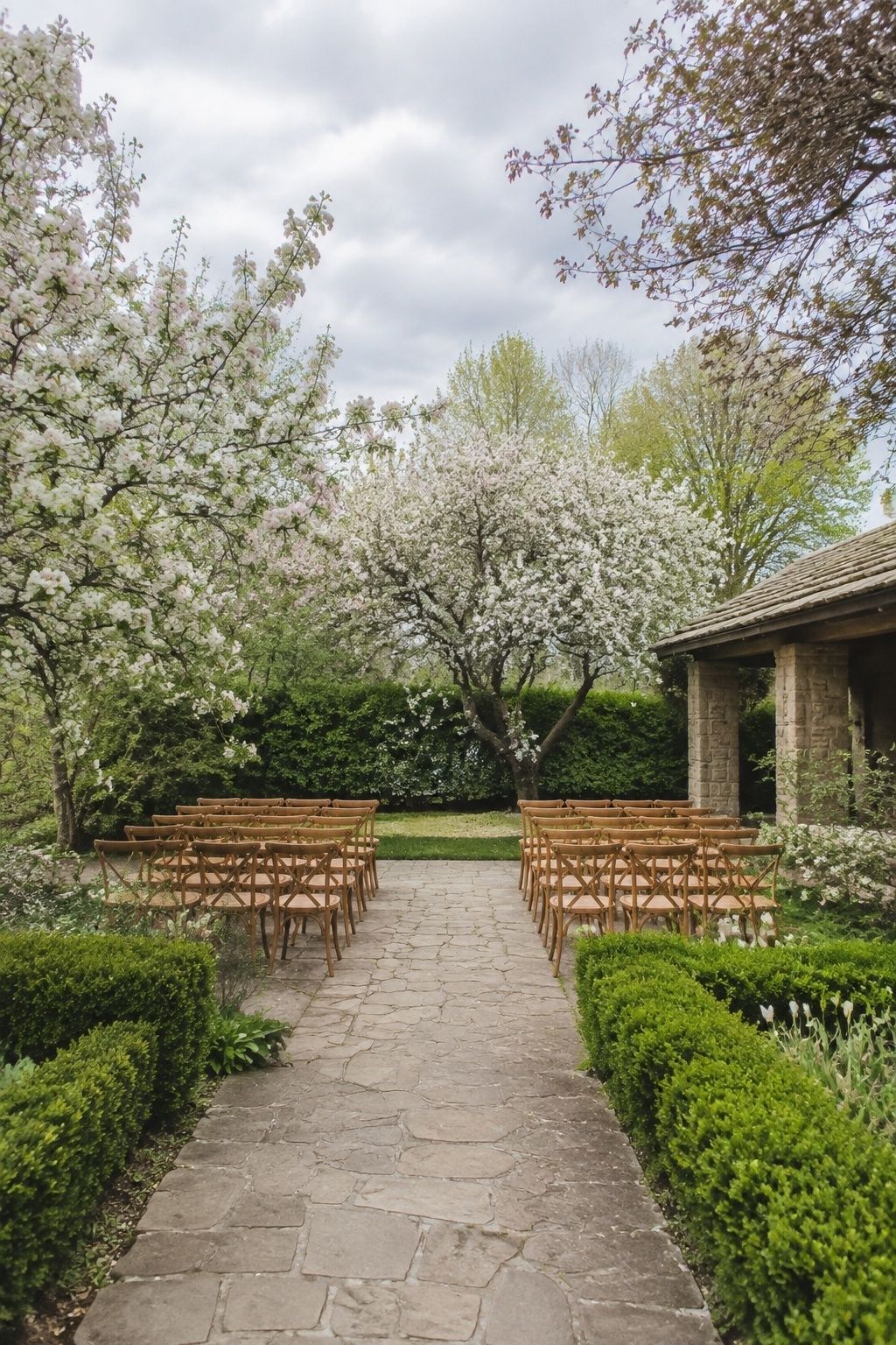 Wooden ceremony chairs beneath flowering spring trees beside a stone garden path