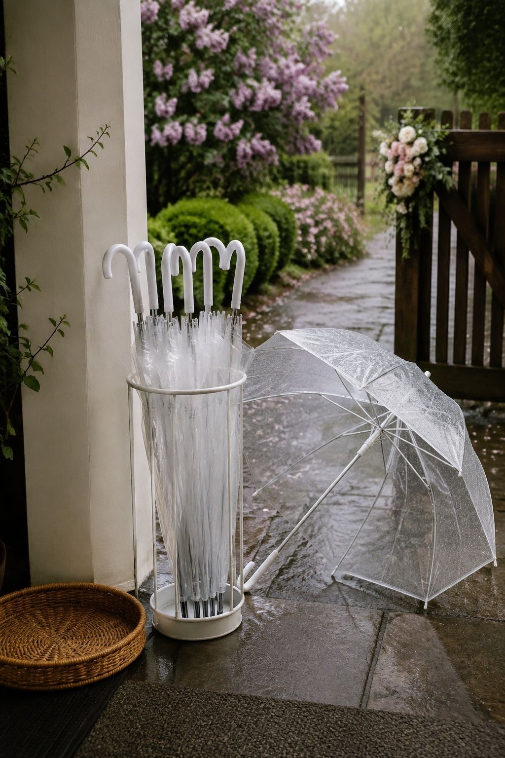 Clear wedding umbrellas in a tidy stand beside a flowering garden entrance