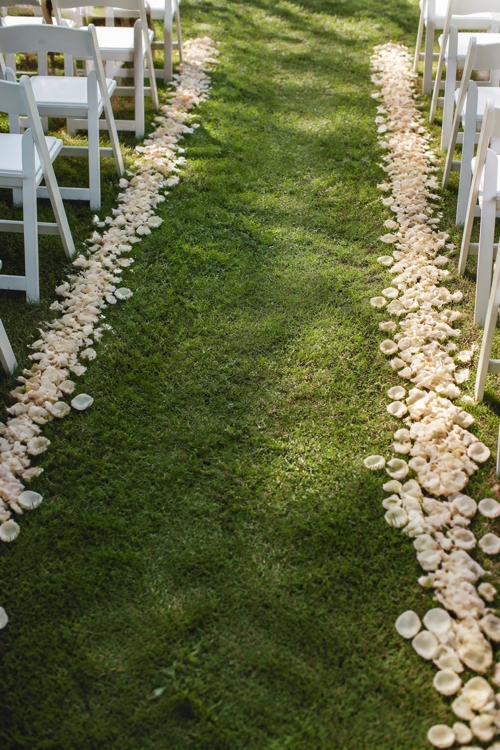 High oblique view of pale blush and ivory rose petals arranged ONLY in two narrow irregular bands along the outer edges of a grass wedding aisle
