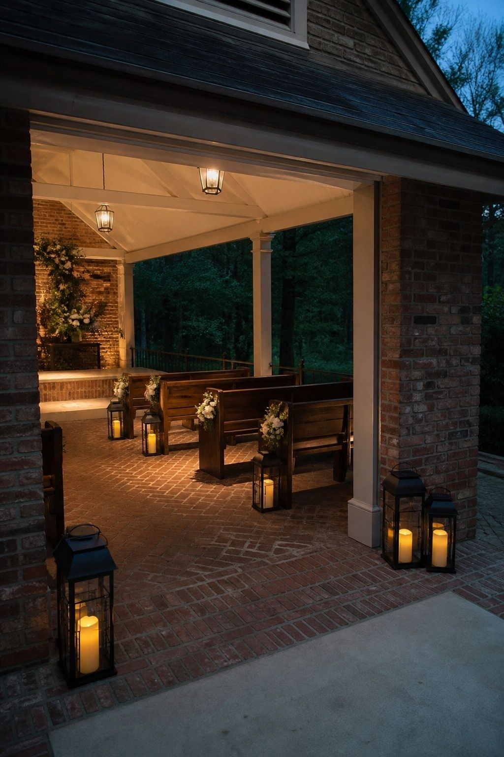 Diagonal wide view of a small covered brick chapel entry ceremony at blue hour
