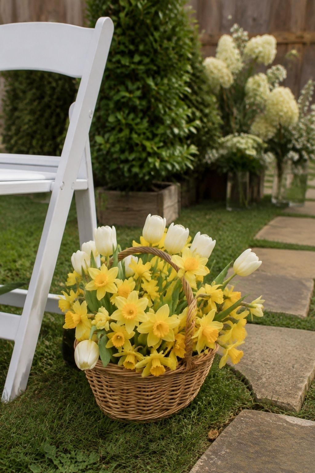 Close medium view of a small lined wicker basket of butter-yellow daffodils and ivory tulips beside a white chair at backyard wedding aisle entrance