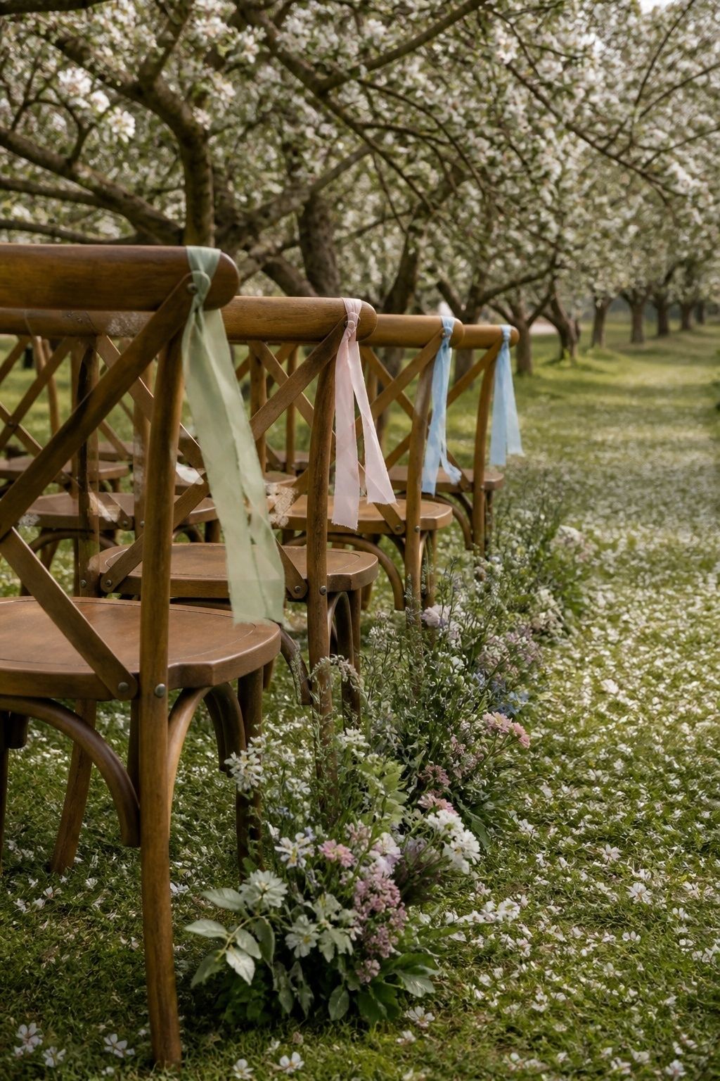 Side-on medium view along alternating wooden aisle chairs tied with short blush