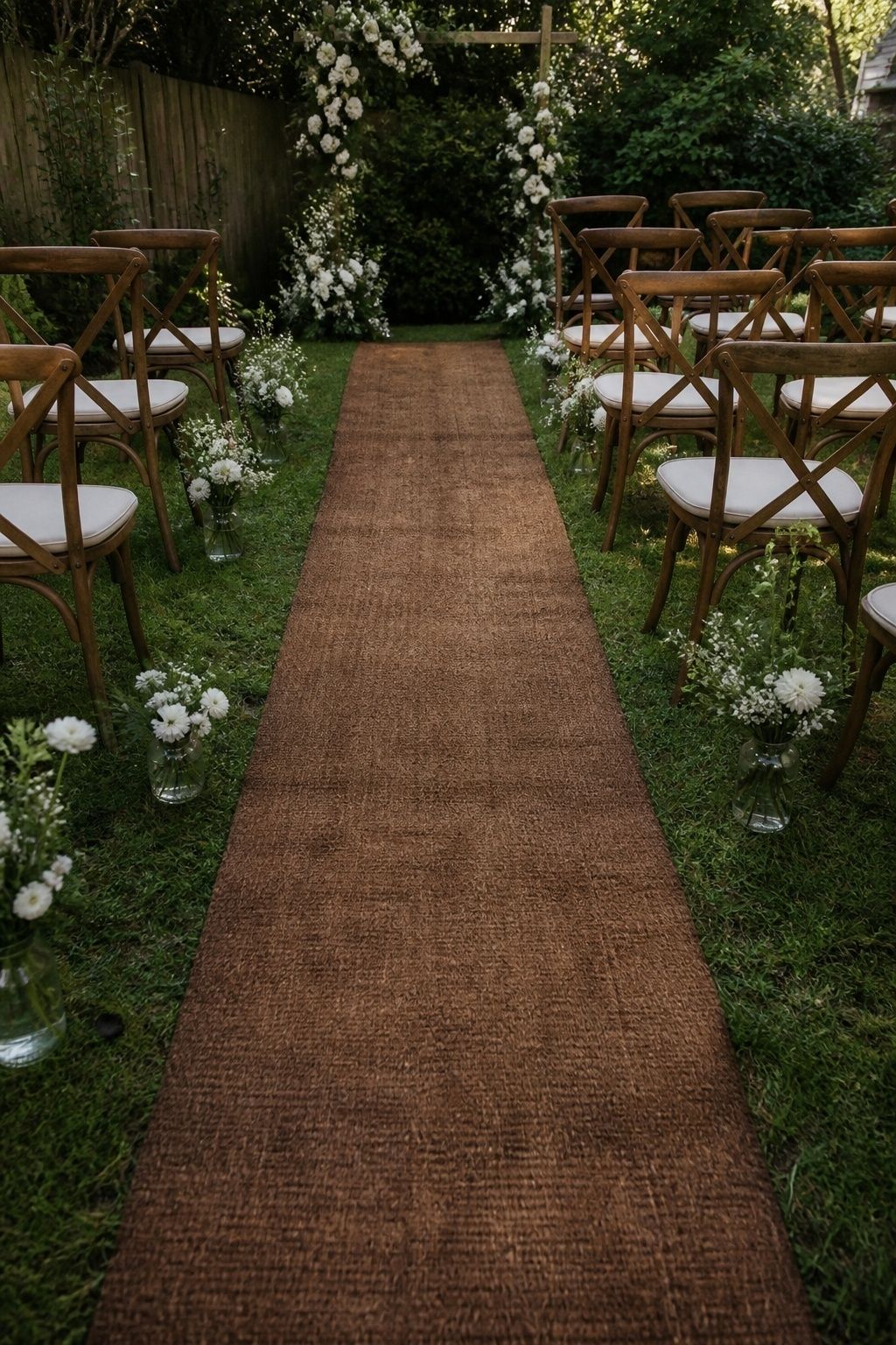 Elevated diagonal medium-wide view of a firm backed natural coir aisle mat on damp spring lawn