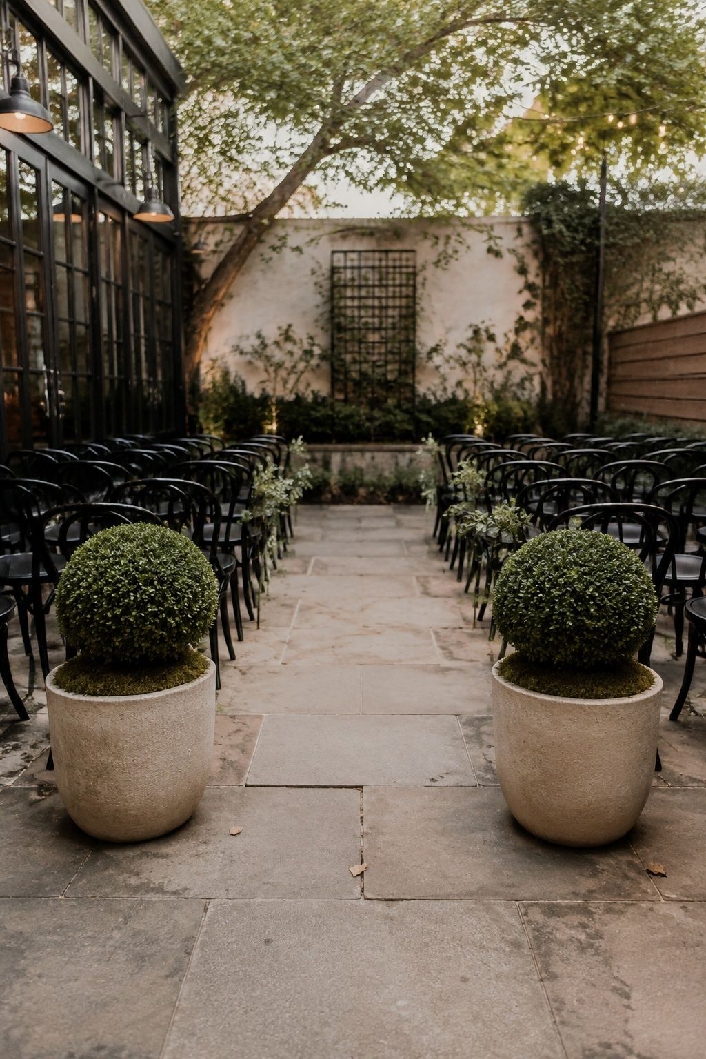 Symmetrical eye-level medium-wide photograph of two clipped boxwood balls in matching pale stone pots with moss at bases marking entrance to a compact restaurant courtyard ceremony