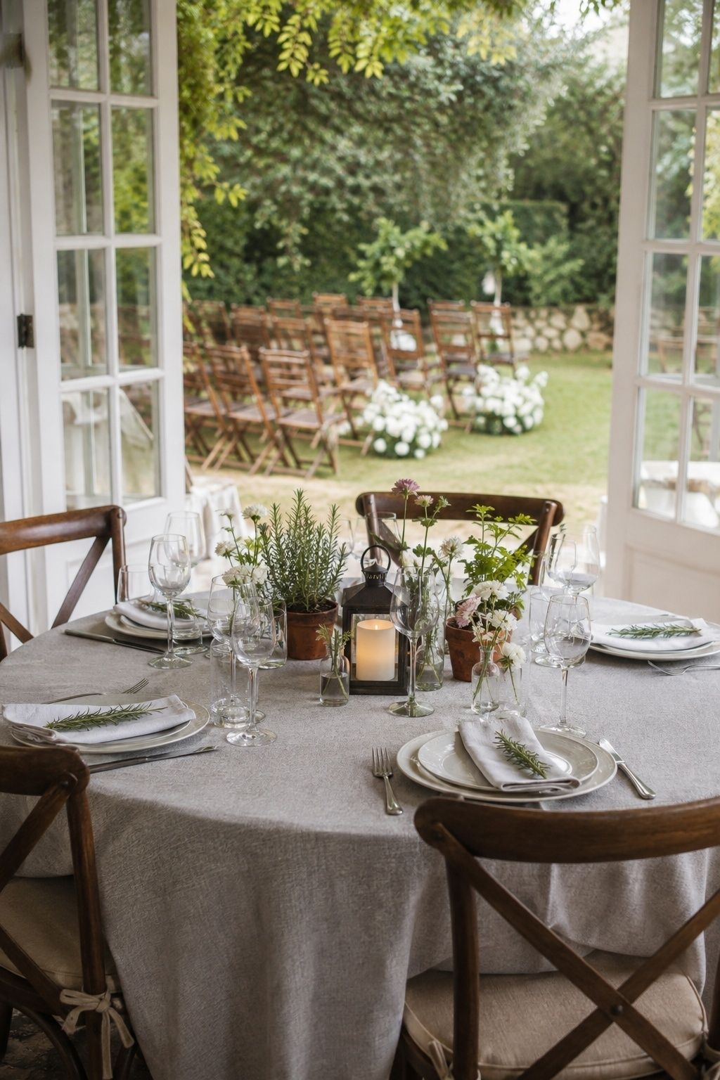 Three-quarter dining table detail during wedding cocktail hour: small removable herb pots