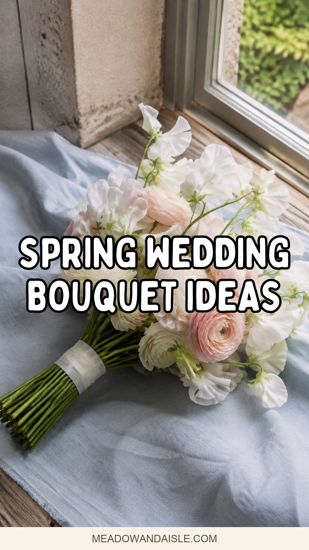 Spring wedding bouquet ideas pin with pastel flowers and Meadow and Aisle branding