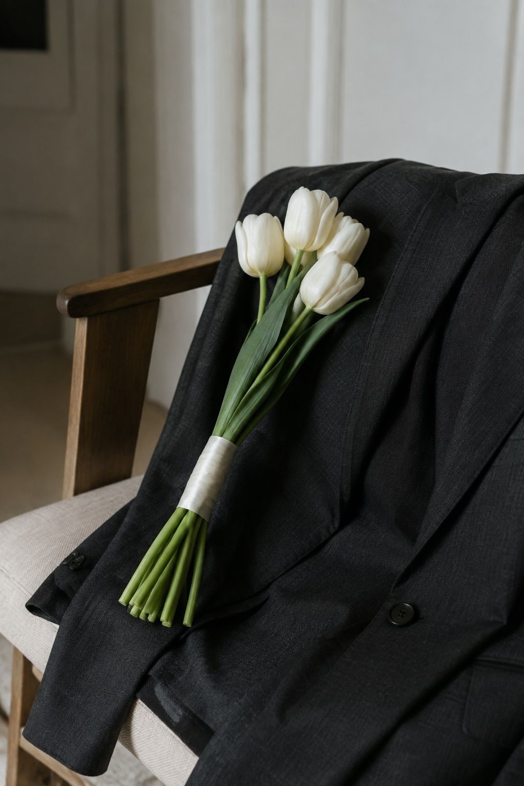 Ivory tulip bridal bouquet with a silk-wrapped handle on a charcoal suit