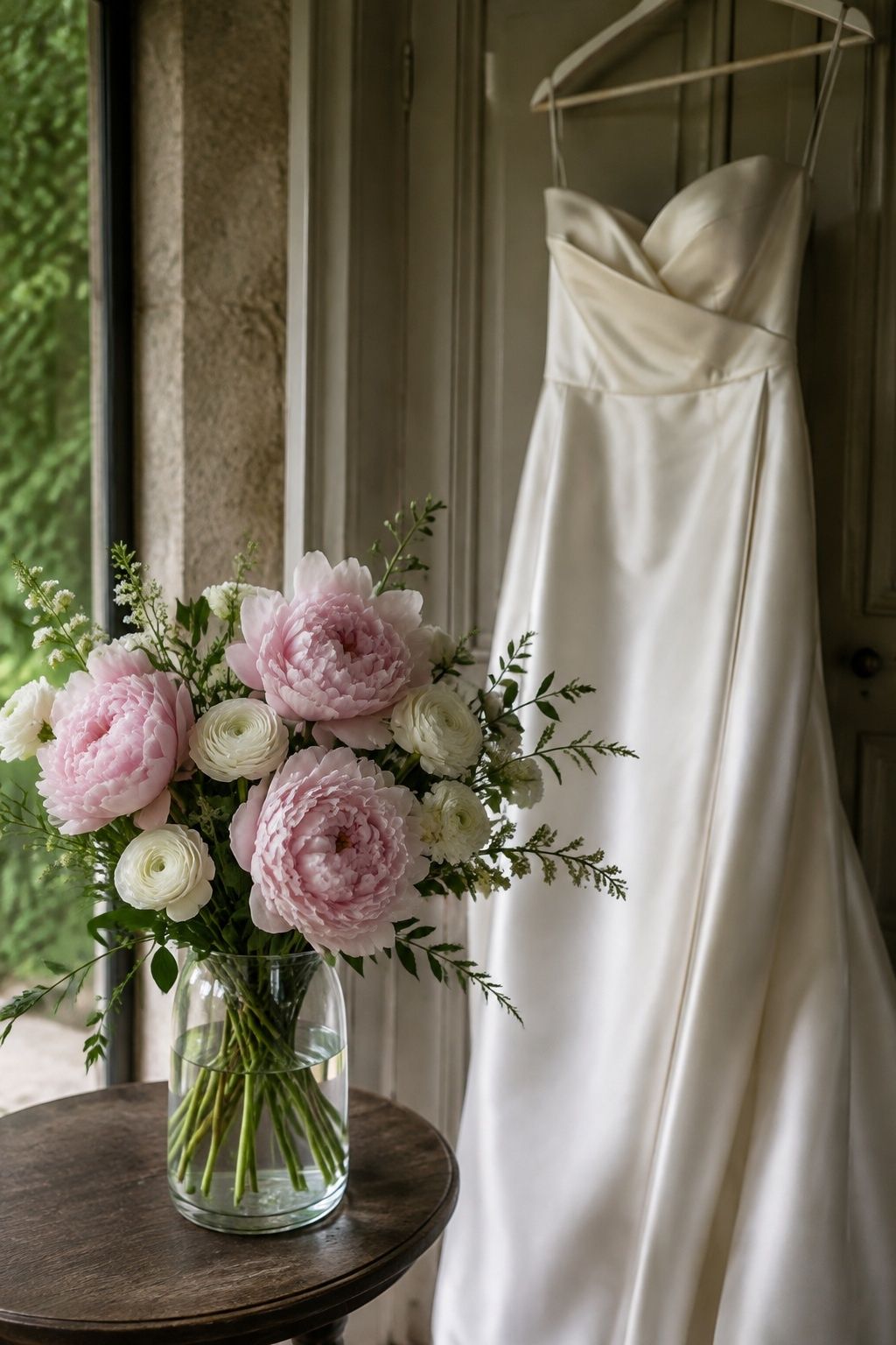 Blush peony and white ranunculus bouquet beside a satin wedding gown