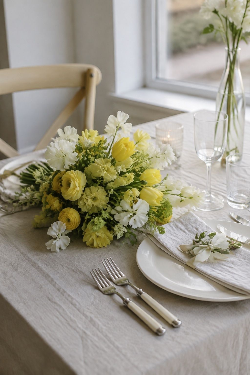 Butter yellow and white bridal bouquet on a brunch wedding table
