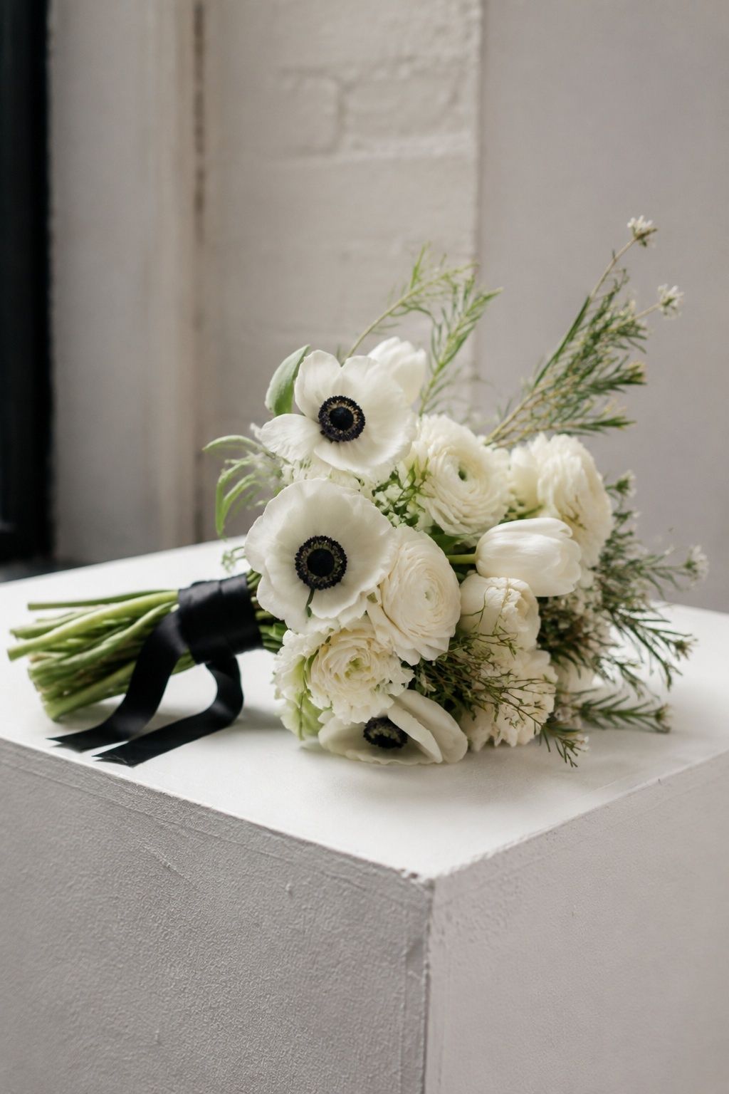 White anemone bouquet with dark centers and black ribbon