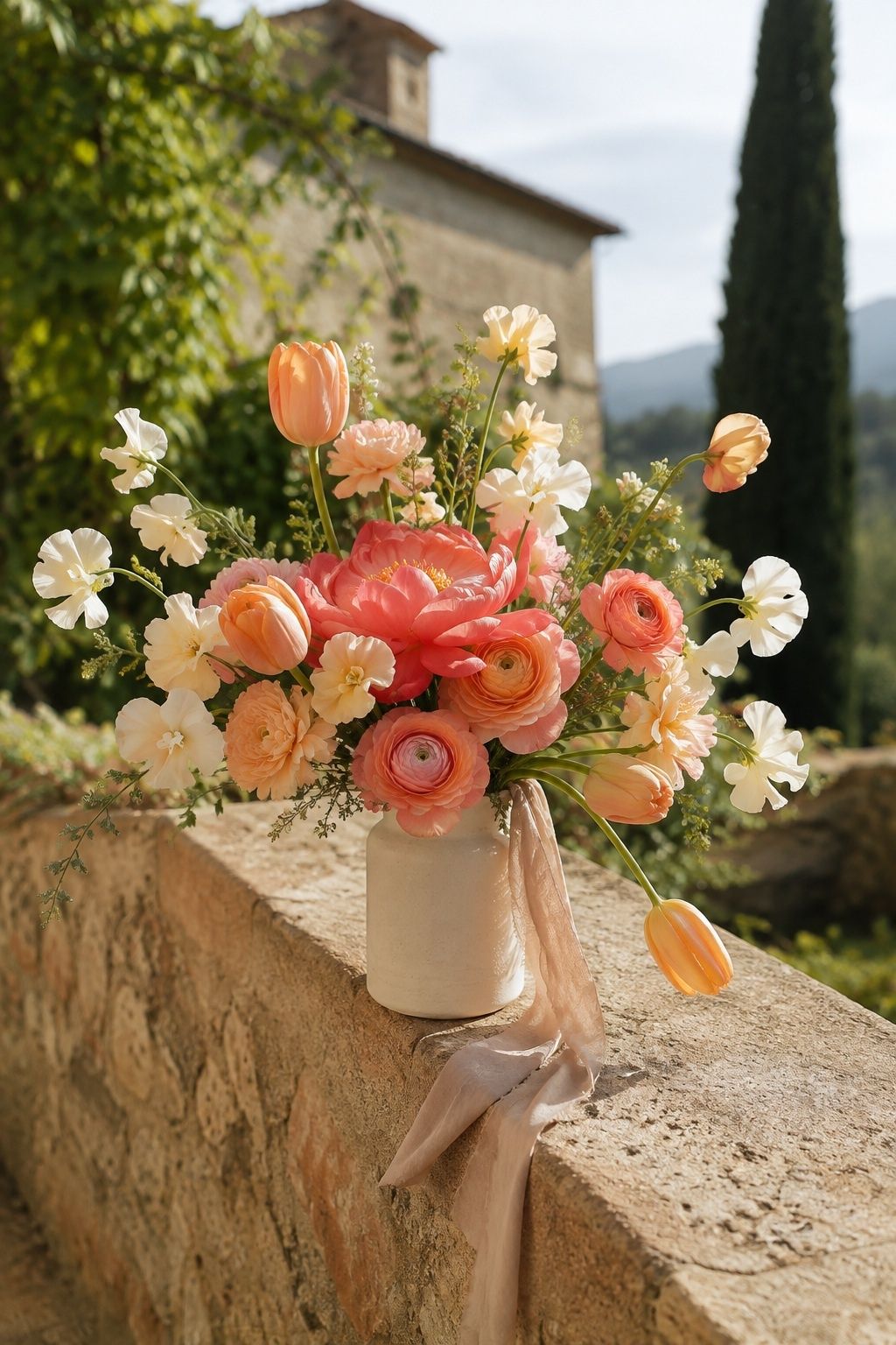 Coral peonies and peach spring flowers with champagne ribbon