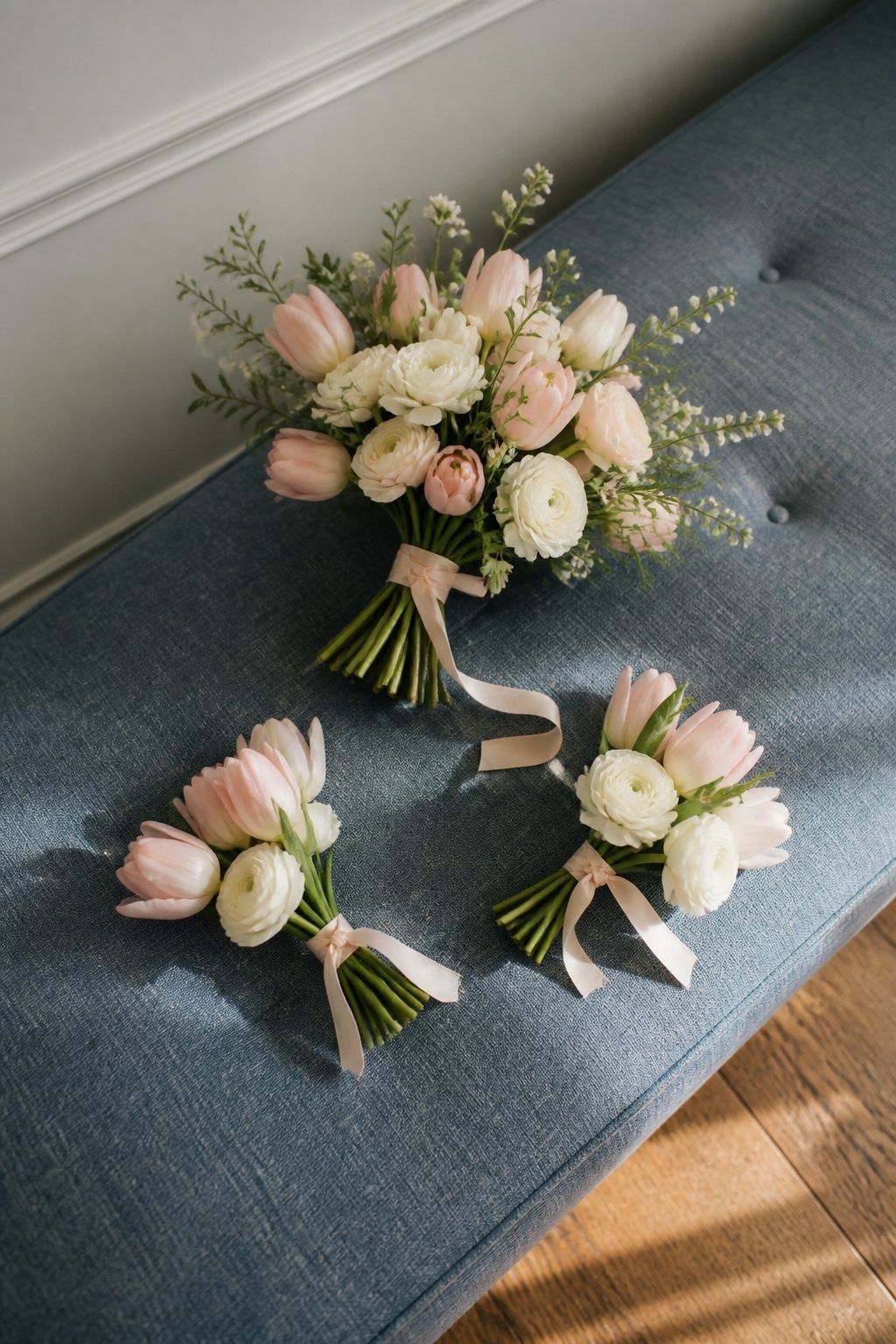 One bridal bouquet and two smaller matching bridesmaid posies