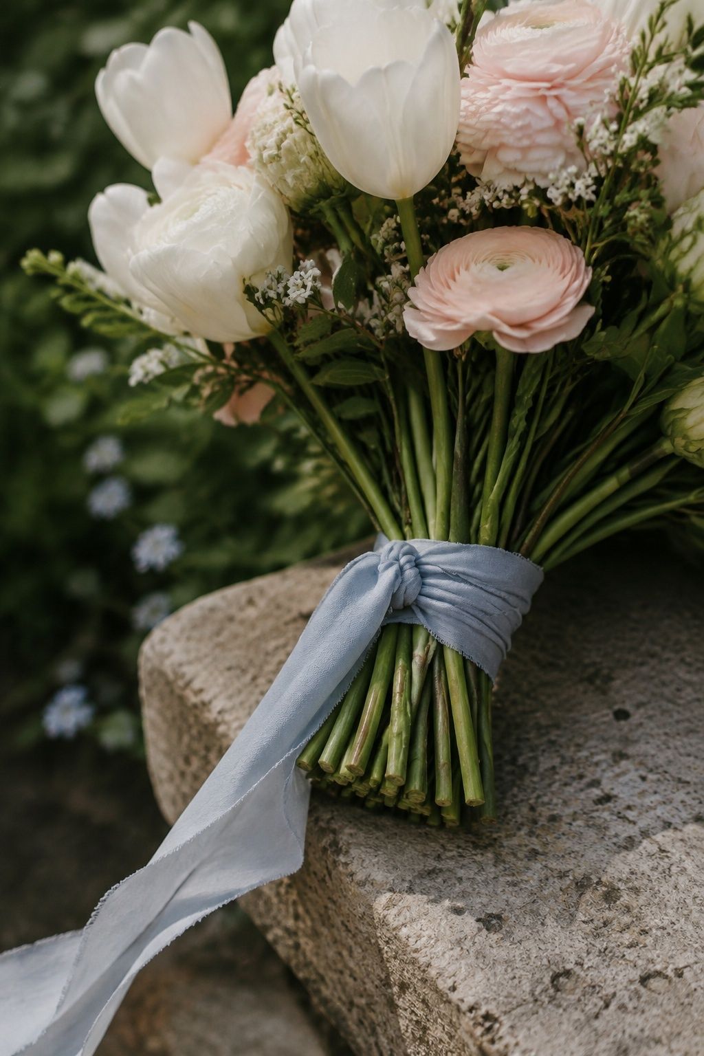 Dove blue ribbon tied around the stems of a spring bridal bouquet