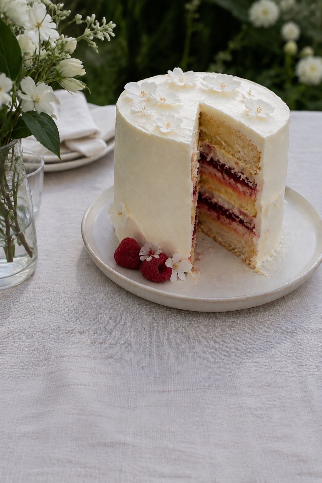 Close three-quarter view of a petite ivory lemon sponge cake with one wedge removed revealing raspberry compote and thin lemon curd layers.