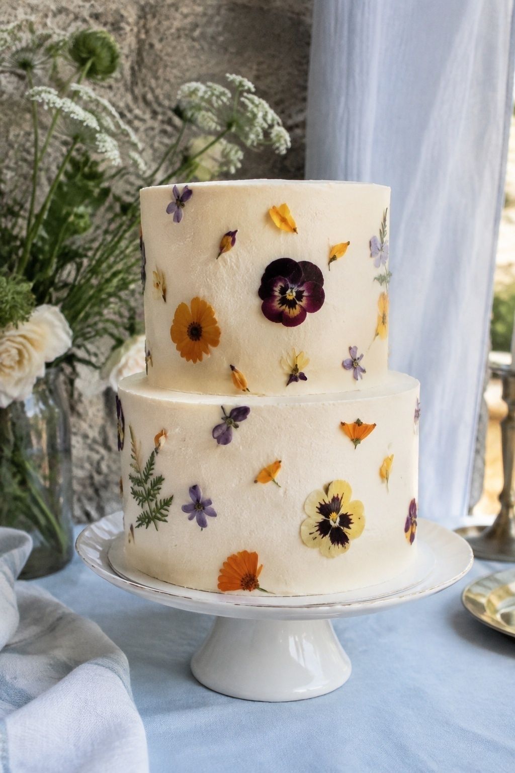 Eye-level close portrait of smooth ivory two-tier buttercream with loose culinary pansies.