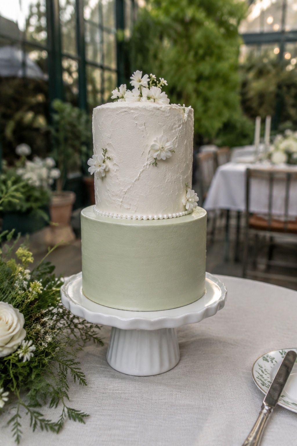 Eye-level portrait of a pale sage cake base tier with white textured upper tier and tiny ivory sugar blooms.