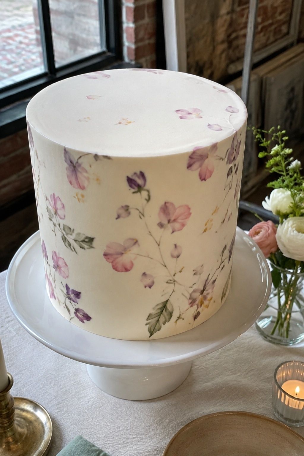 Close oblique portrait of an ivory fondant cake painted with delicate edible watercolor blush and lilac petals.
