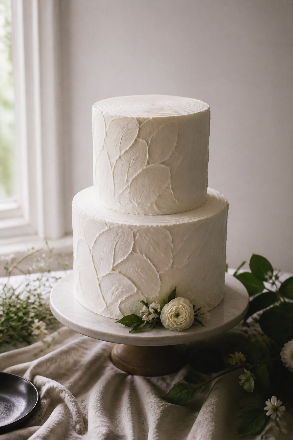 Side-lit close portrait of two all-white buttercream tiers with palette-knife petal relief and soft ridged texture.