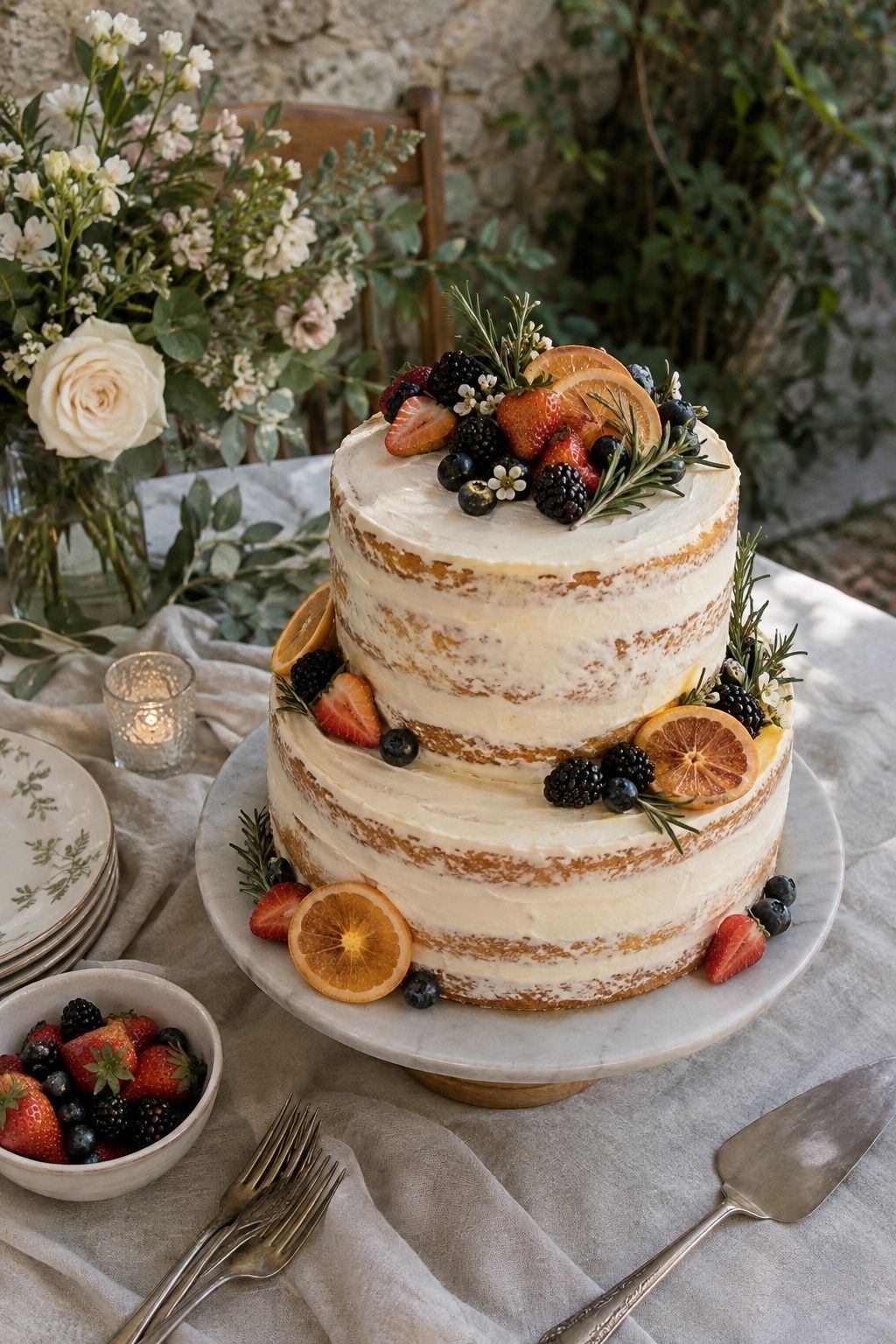 High three-quarter view of a semi-naked two-tier cake with visible golden sponge layers through thin frosting.