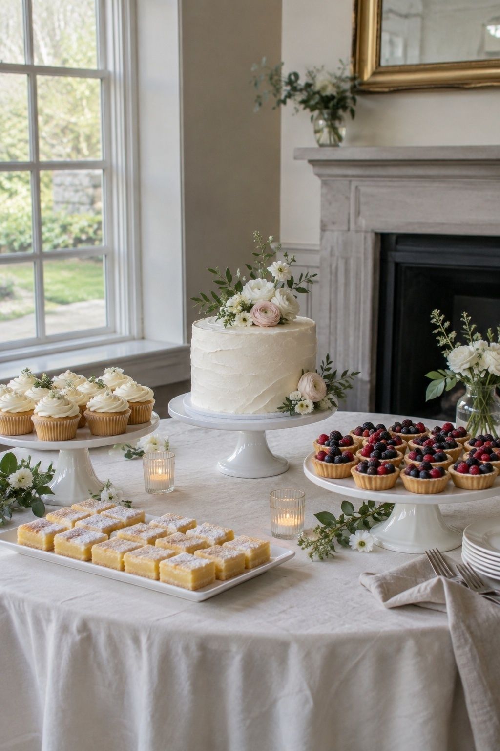 Wide elevated portrait of a restrained spring dessert display: petite center cake.