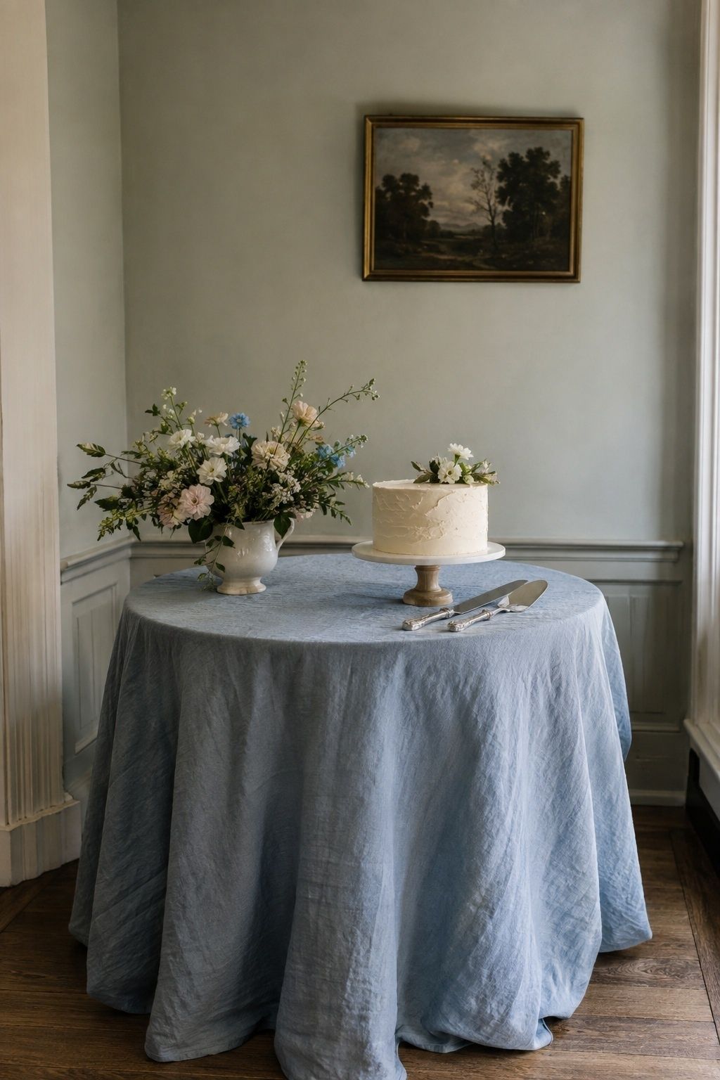 Wide straight-on portrait showing entire intimate cake table with textured pale blue linen.
