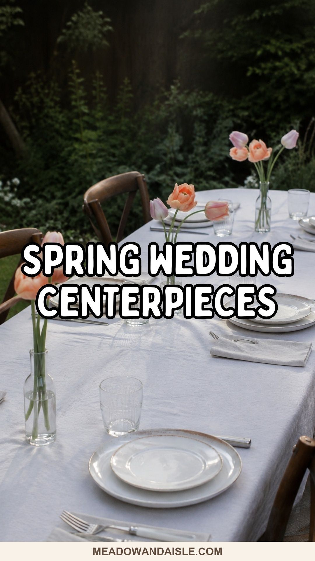 Spring wedding centerpieces pin with tulip bud vases on a garden reception table