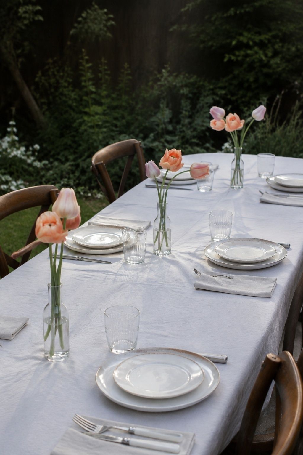 Oblique view down a modest garden wedding long table