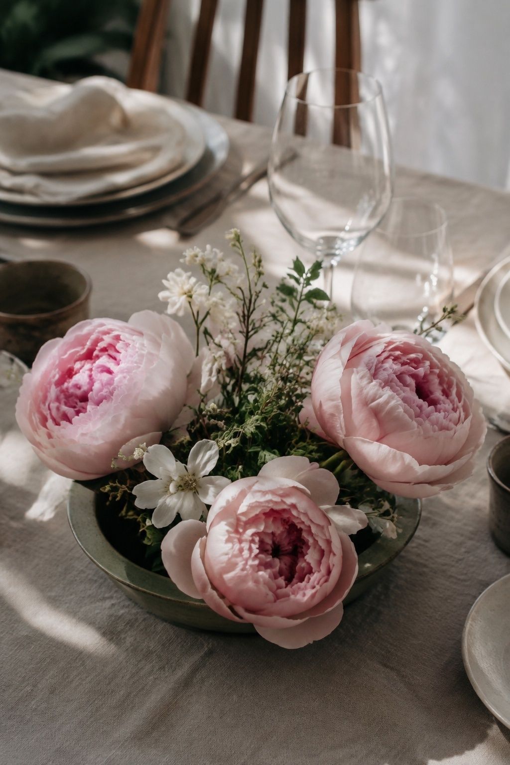 High three-quarter close view of a shallow sage ceramic bowl with exactly three open blush peonies