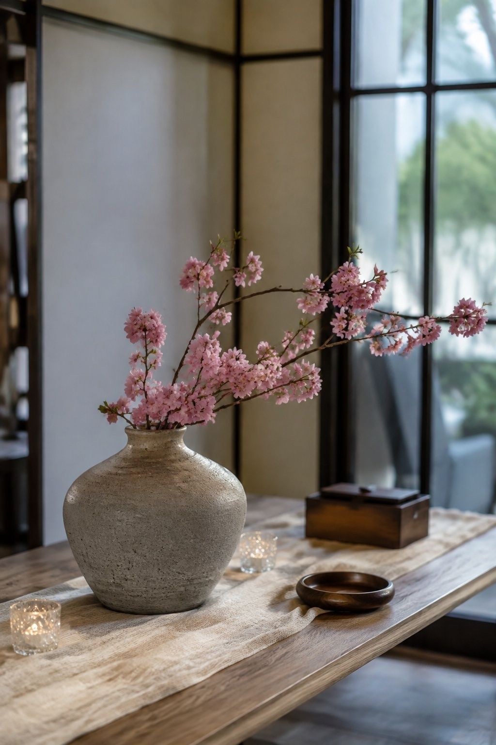 Low side view of a short airy pink cherry blossom branch extending off-center from a broad heavy stoneware vase on a wedding welcome table