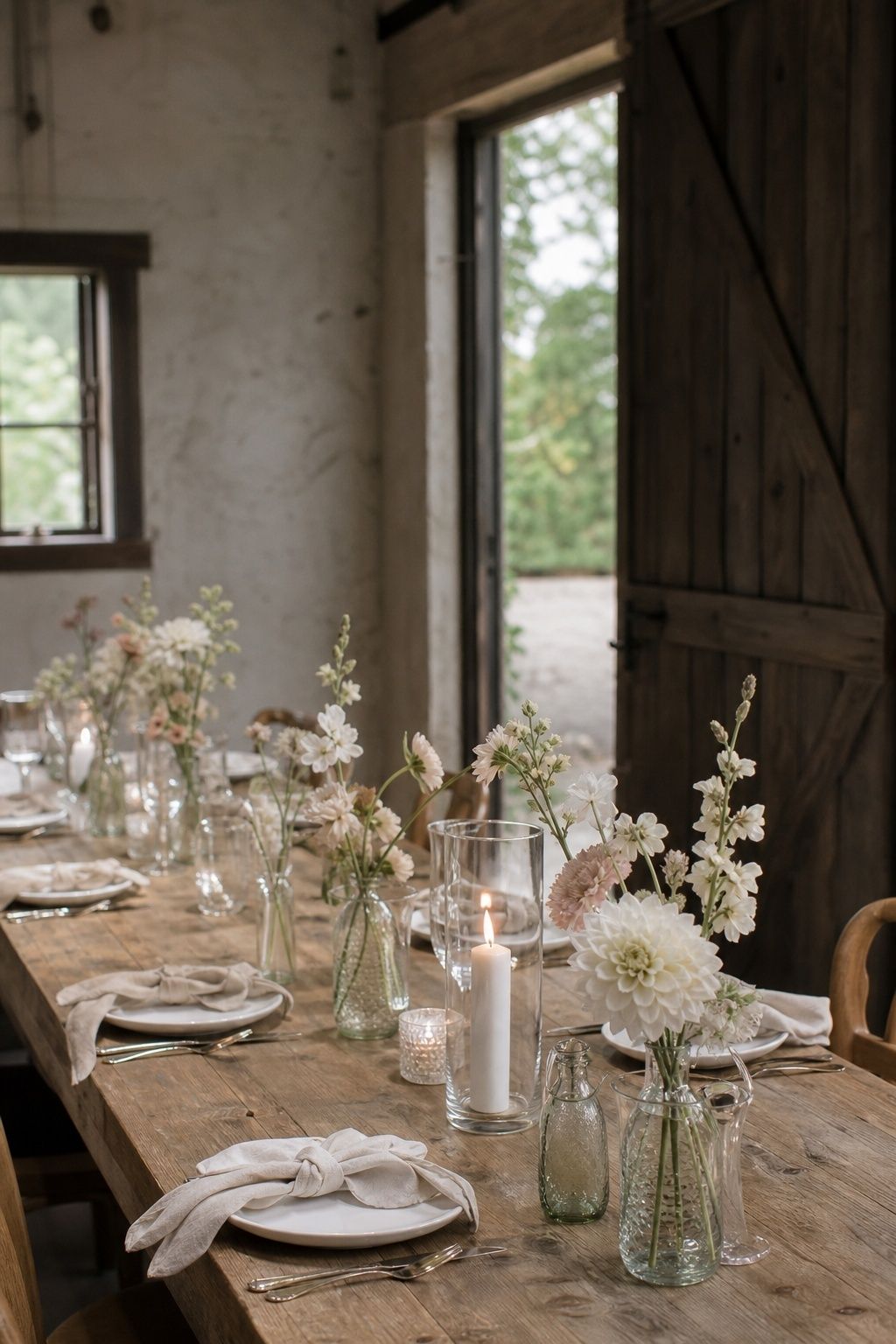Perspective down a wedding farm table with mismatched clear and pale green glass bud vases spaced about twenty inches apart