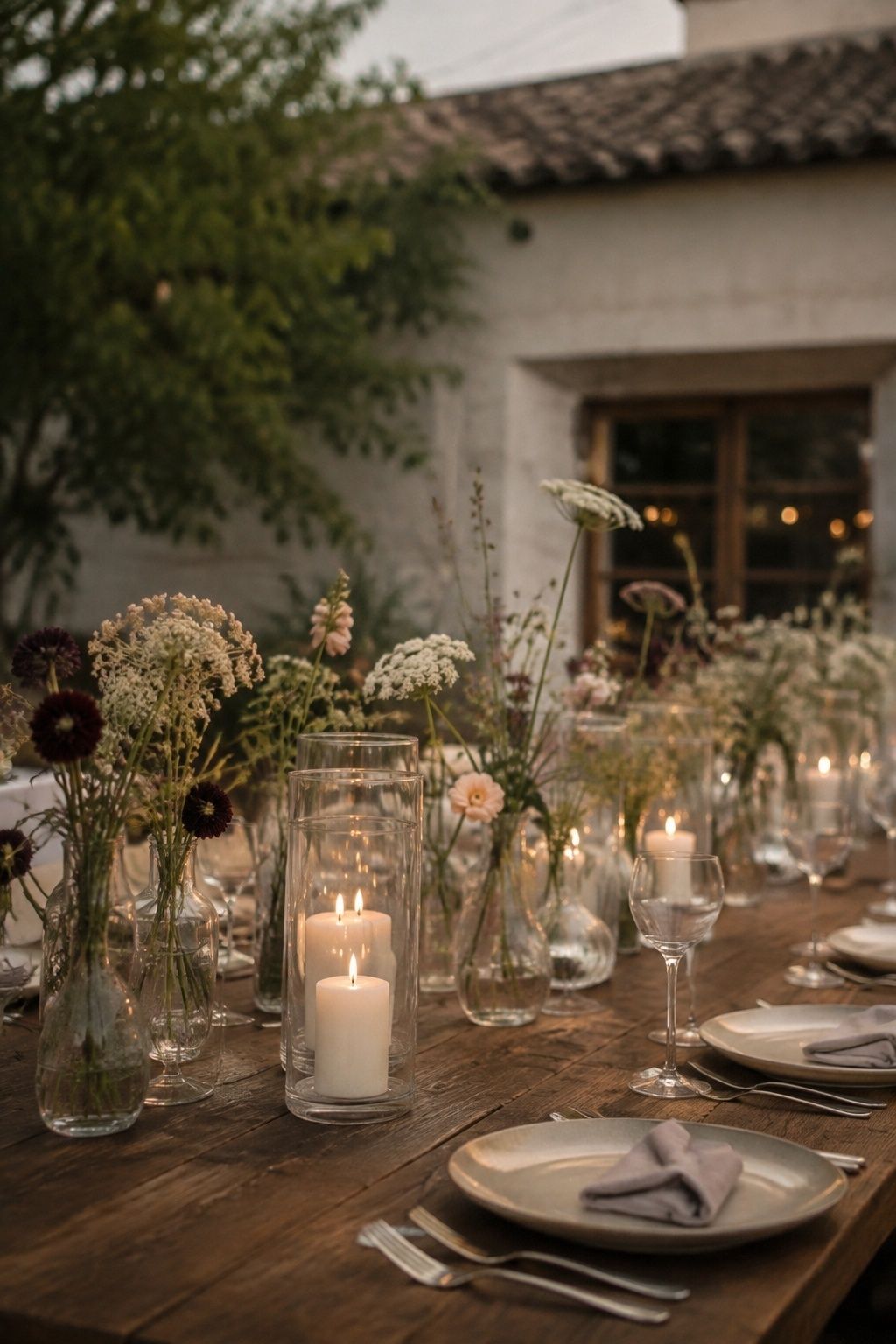 Early evening outdoor wedding tabletop