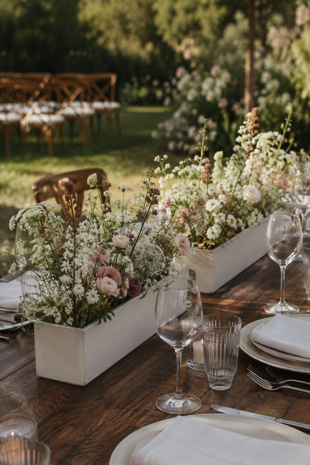 Three-quarter wide detail of two portable low rectangular meadow flower boxes with finished backs and stable water-holding bases placed along a wedding dinner table