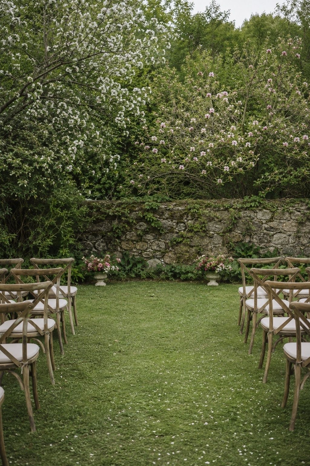 Wide eye-level view from three short chair rows toward a flowering hedge and old stone wall, two low urns at open vow spot