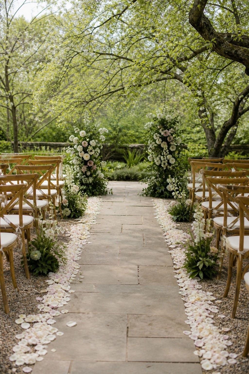 Slightly elevated centered view down a pale stone ceremony aisle with rose petals confined to narrow side edges