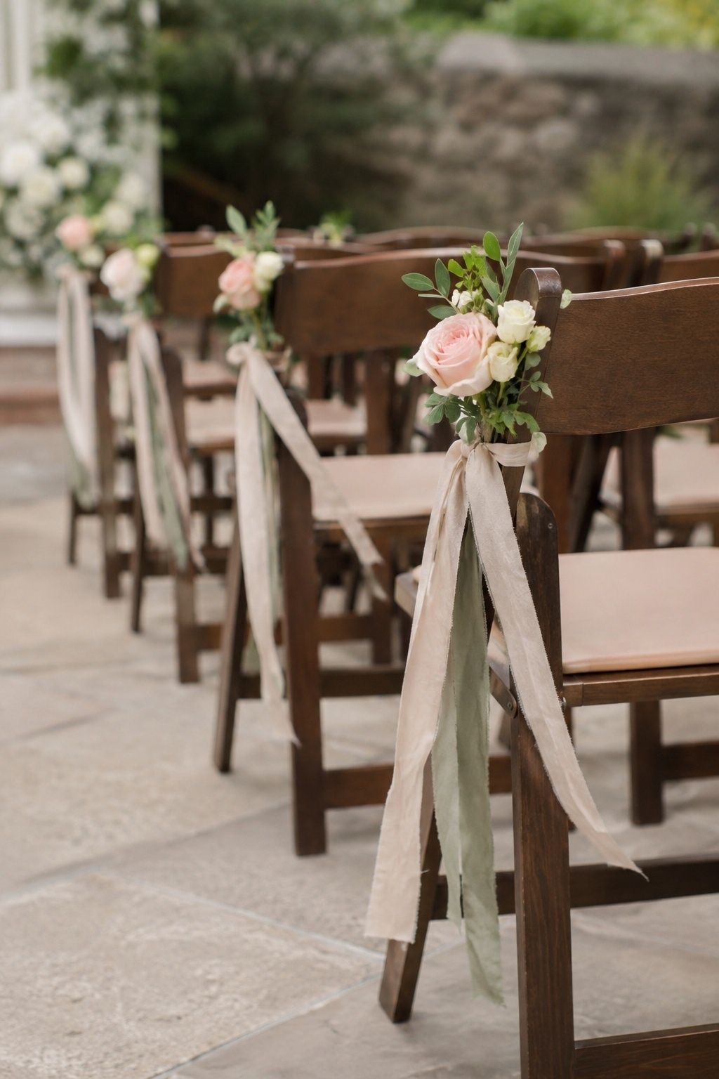 Close side view of short buttercream, blush and sage fabric ribbons tied securely to wooden ceremony chair backs, moving gently in light breeze, ends above ground and outside aisle