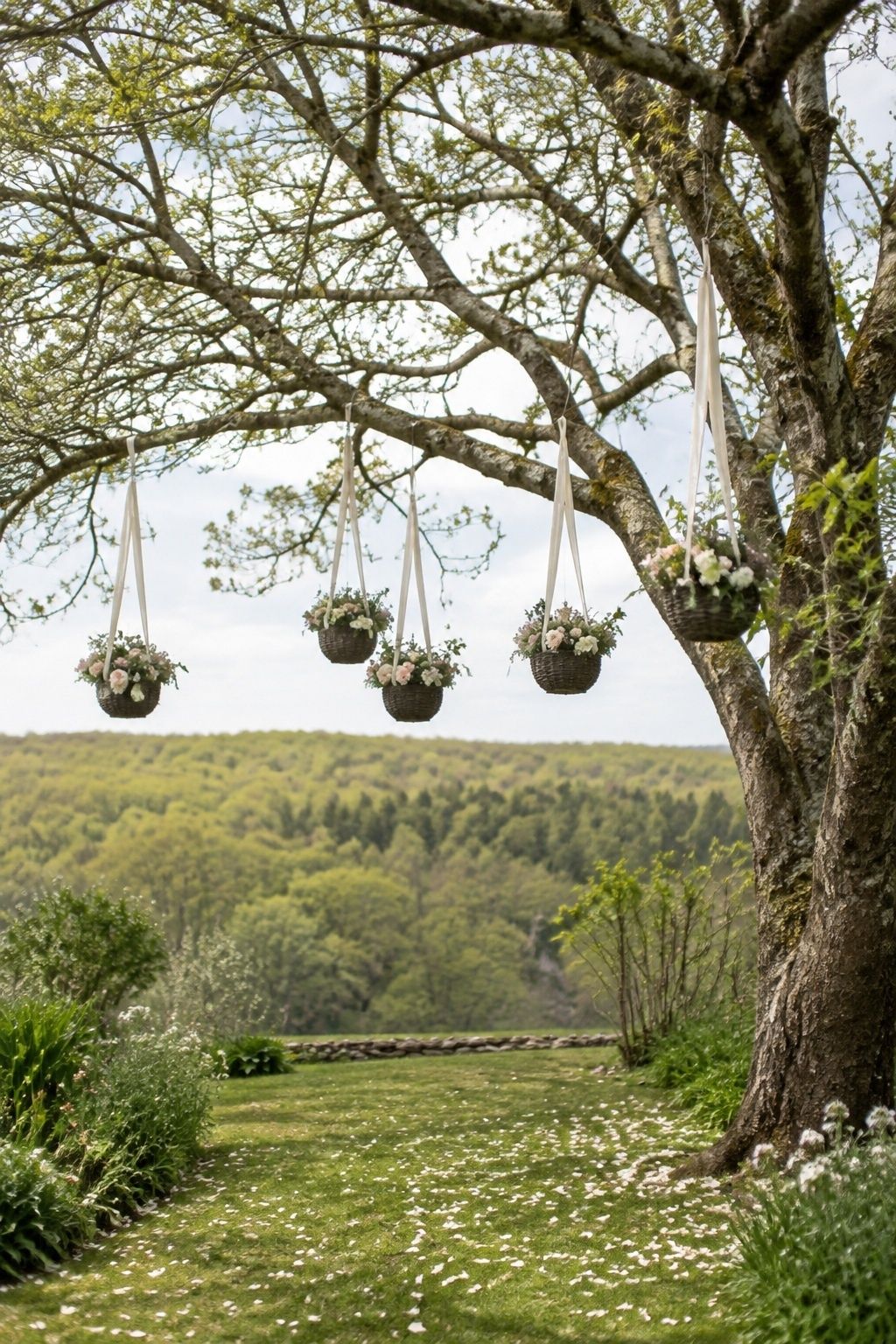 Upward medium-wide view of a budding spring tree framing an open vow area with five small lightweight hanging flower baskets tied securely high on outer branches, clear standing area below