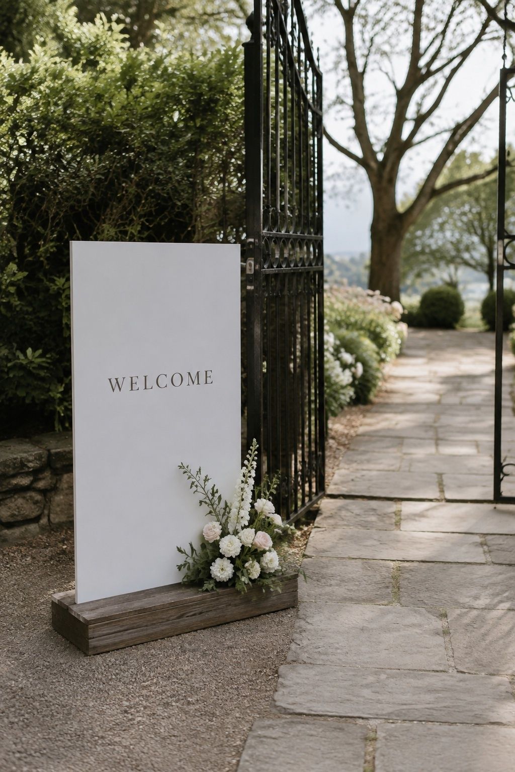 Medium entrance view of a sturdy freestanding welcome sign reading only WELCOME with broad weighted wooden base and small floral cluster, beside open garden gate, wide clear route