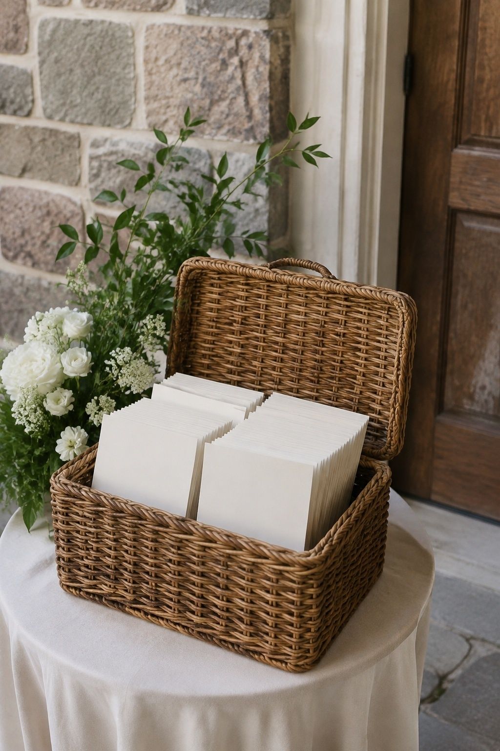Close high angle on thick cream folded ceremony programs in a lidded wicker basket on a small table fully under chapel porch cover